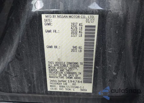 2017 Nissan Altima 2.5 Sl from USA, damaged, VIN 1N4AL3AP6HC194784